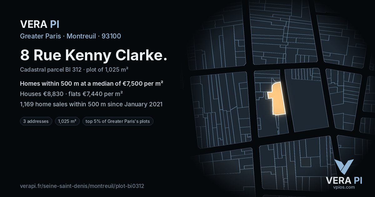 8 Rue Kenny Clarke, Montreuil at night – the plot lit, the parcels around coloured by the prices near them