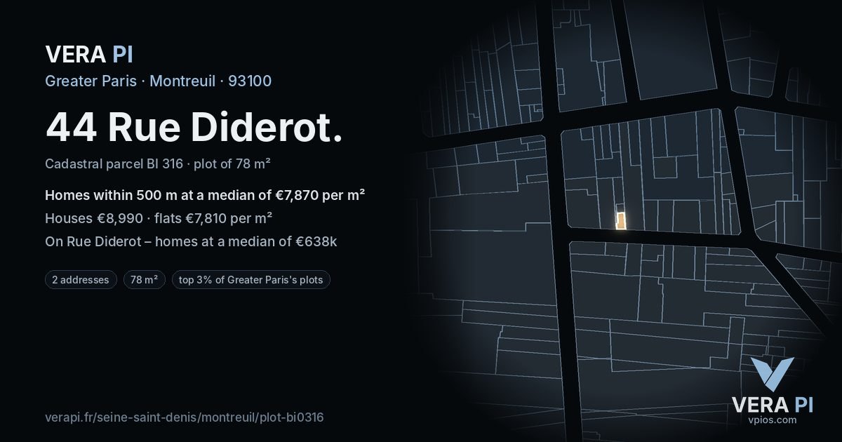 44 Rue Diderot, Montreuil at night – the plot lit, the parcels around coloured by the prices near them