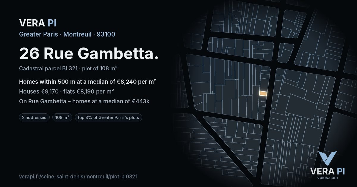 26 Rue Gambetta, Montreuil at night – the plot lit, the parcels around coloured by the prices near them