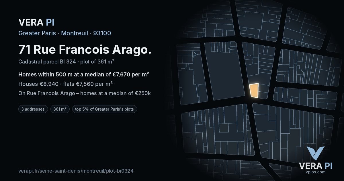 71 Rue Francois Arago, Montreuil at night – the plot lit, the parcels around coloured by the prices near them