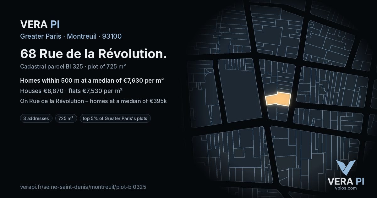 68 Rue de la Révolution, Montreuil at night – the plot lit, the parcels around coloured by the prices near them