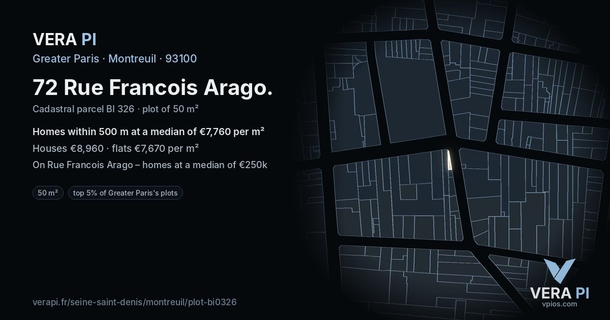 72 Rue Francois Arago, Montreuil at night – the plot lit, the parcels around coloured by the prices near them