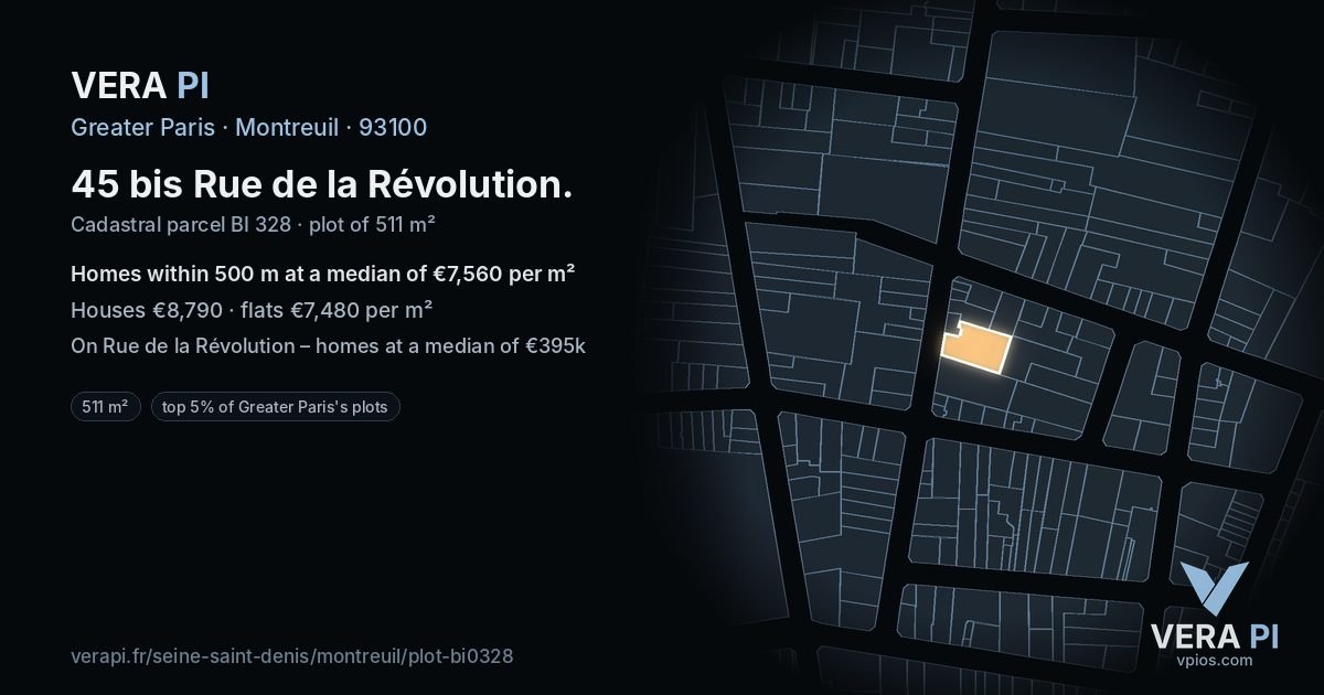 45 bis Rue de la Révolution, Montreuil at night – the plot lit, the parcels around coloured by the prices near them