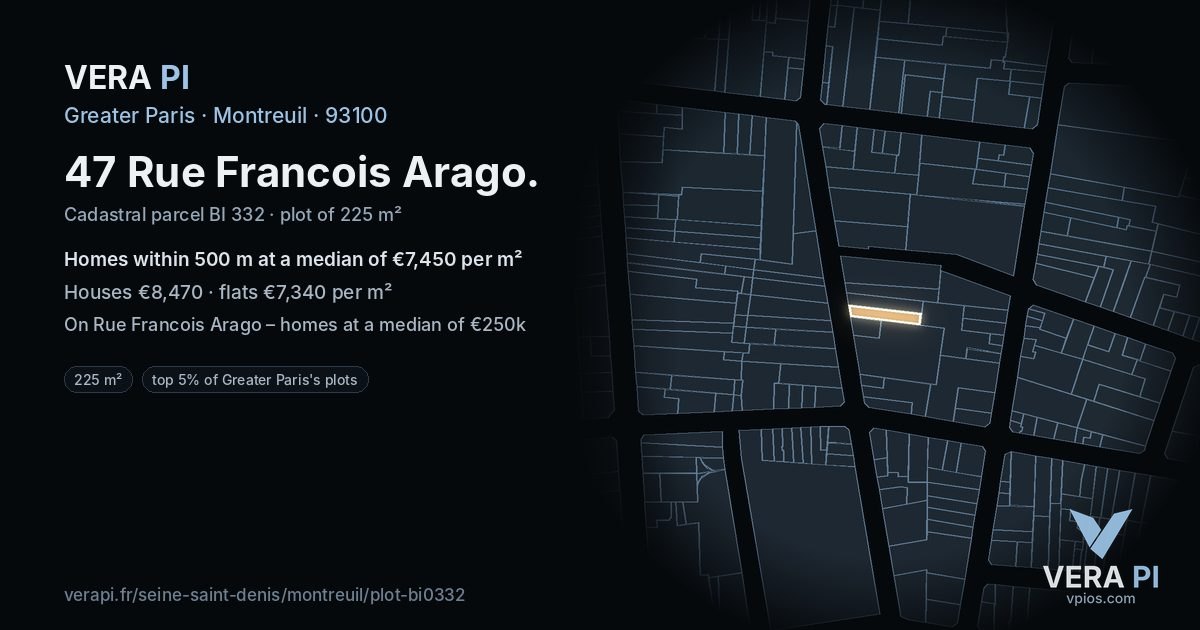 47 Rue Francois Arago, Montreuil at night – the plot lit, the parcels around coloured by the prices near them