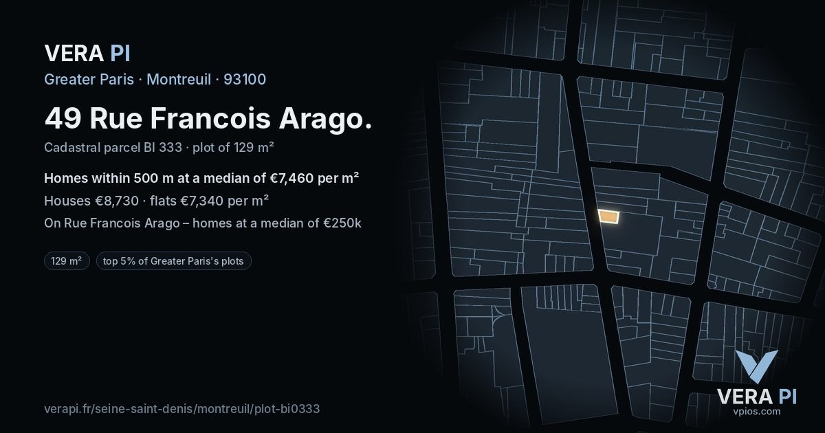 49 Rue Francois Arago, Montreuil at night – the plot lit, the parcels around coloured by the prices near them