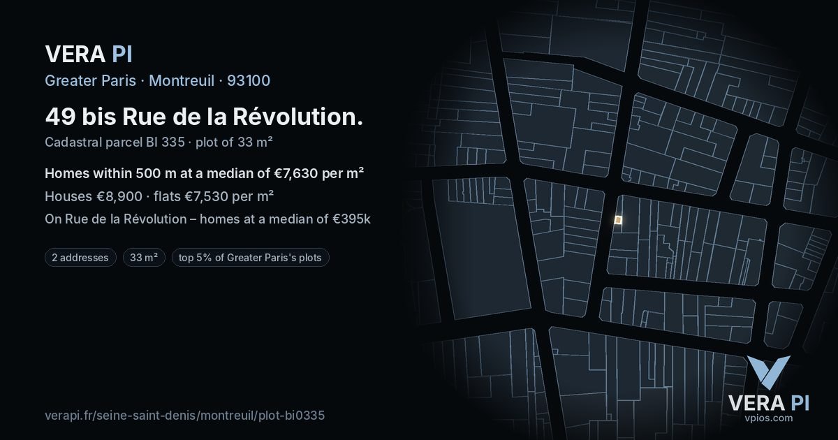 49 bis Rue de la Révolution, Montreuil at night – the plot lit, the parcels around coloured by the prices near them