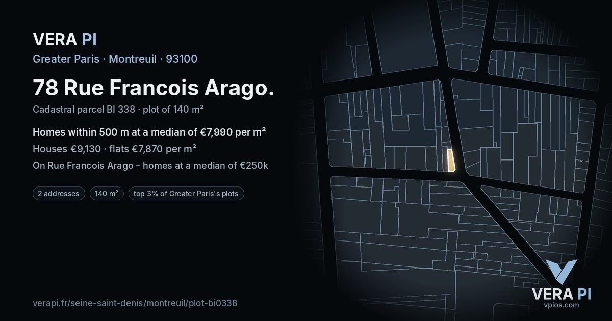 78 Rue Francois Arago, Montreuil at night – the plot lit, the parcels around coloured by the prices near them