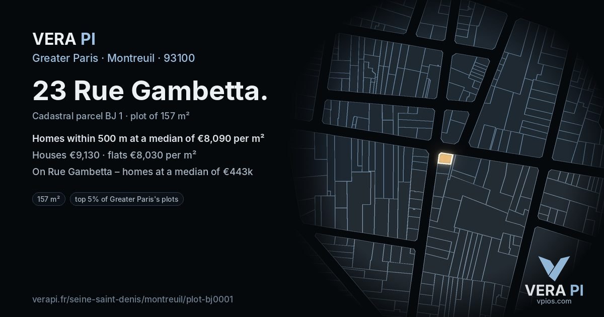 23 Rue Gambetta, Montreuil at night – the plot lit, the parcels around coloured by the prices near them