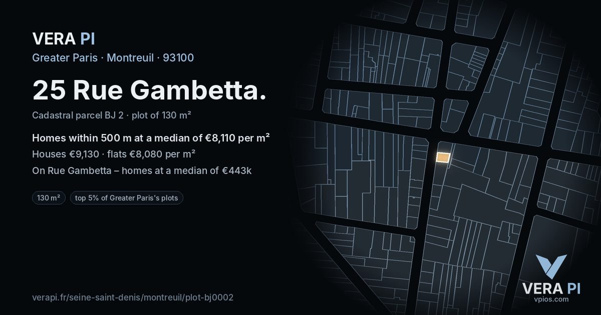 25 Rue Gambetta, Montreuil at night – the plot lit, the parcels around coloured by the prices near them