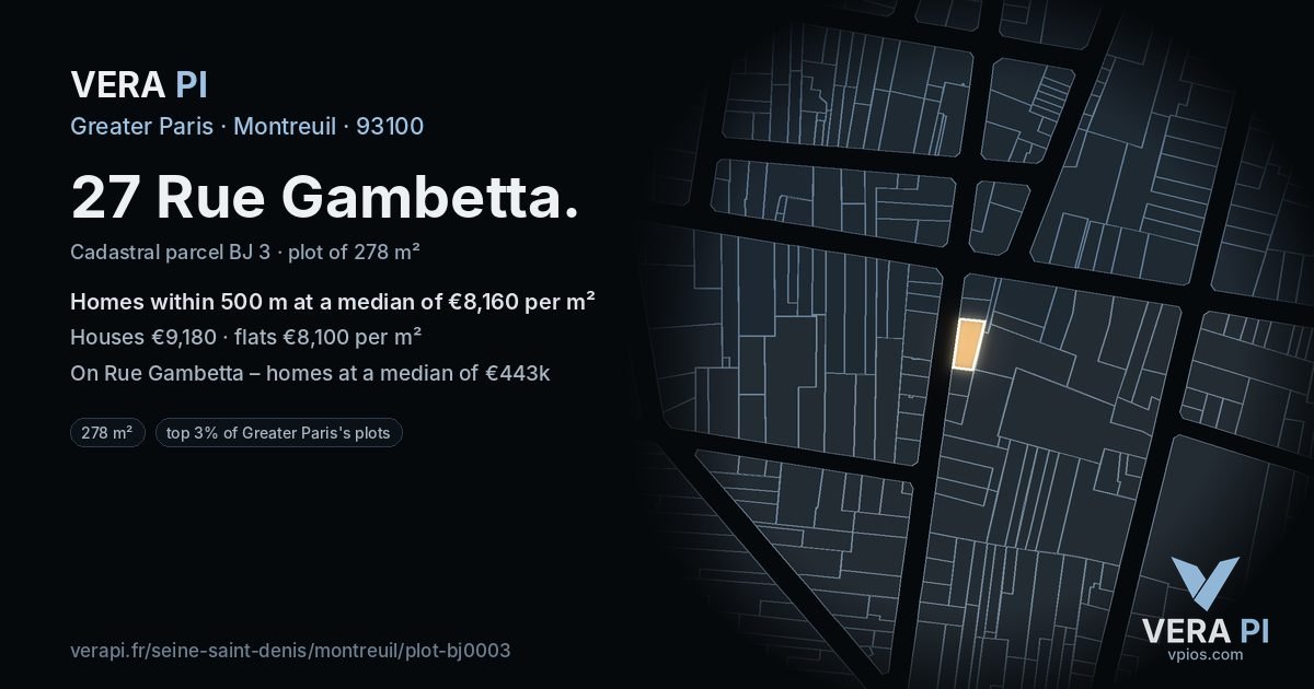27 Rue Gambetta, Montreuil at night – the plot lit, the parcels around coloured by the prices near them