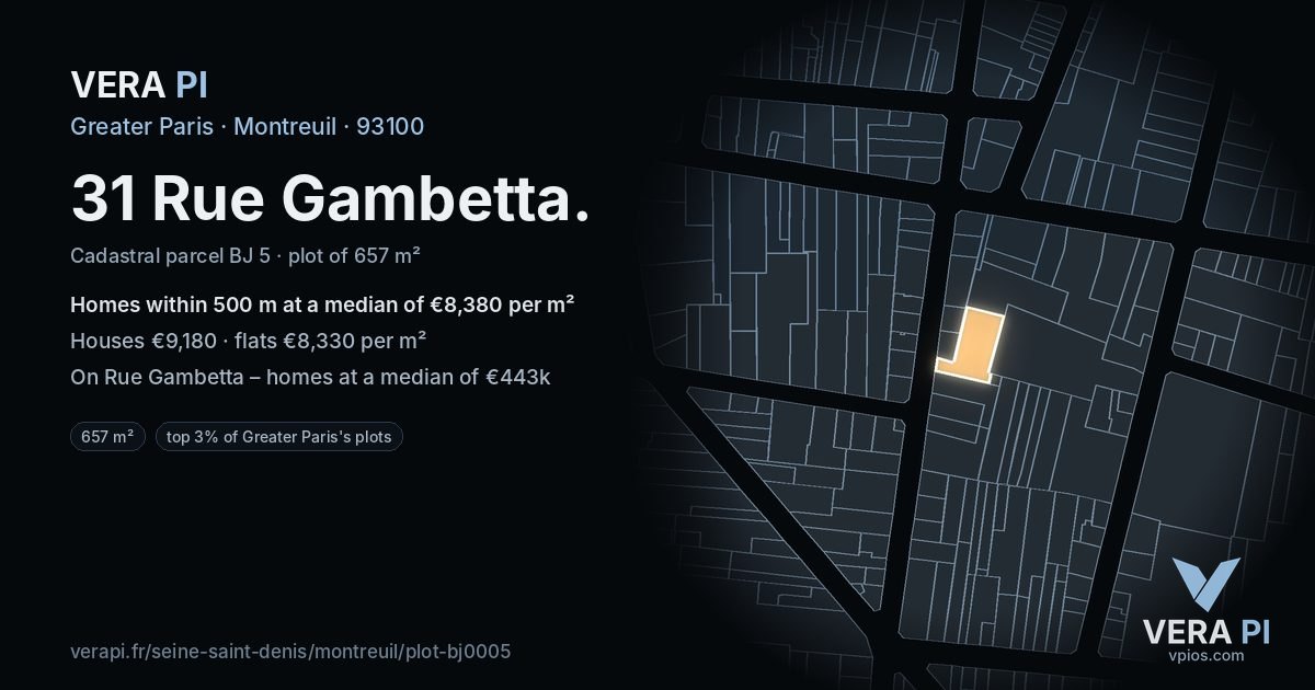 31 Rue Gambetta, Montreuil at night – the plot lit, the parcels around coloured by the prices near them