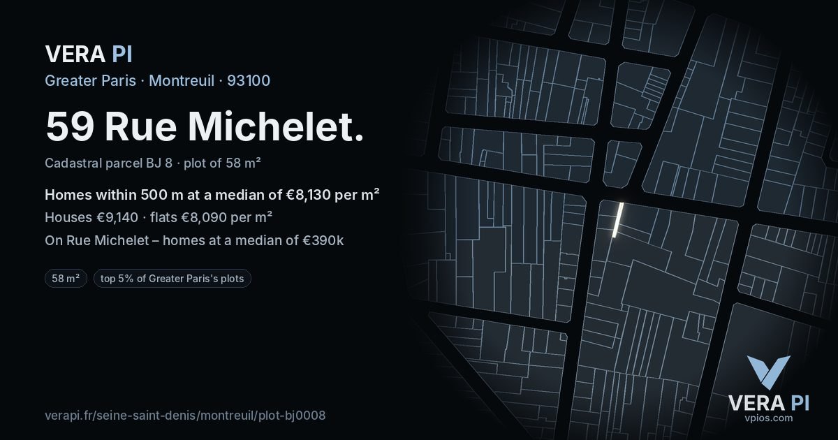 59 Rue Michelet, Montreuil at night – the plot lit, the parcels around coloured by the prices near them