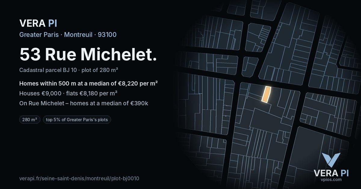 53 Rue Michelet, Montreuil at night – the plot lit, the parcels around coloured by the prices near them