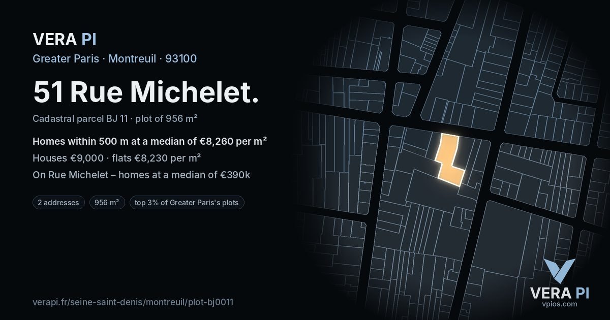 51 Rue Michelet, Montreuil at night – the plot lit, the parcels around coloured by the prices near them