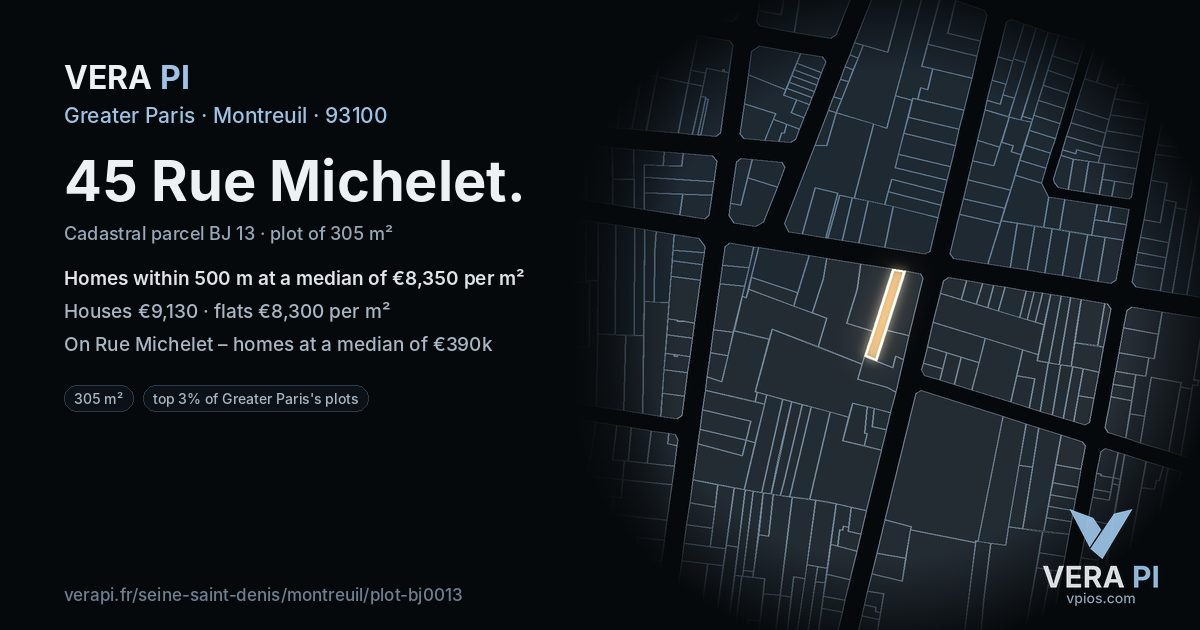 45 Rue Michelet, Montreuil at night – the plot lit, the parcels around coloured by the prices near them