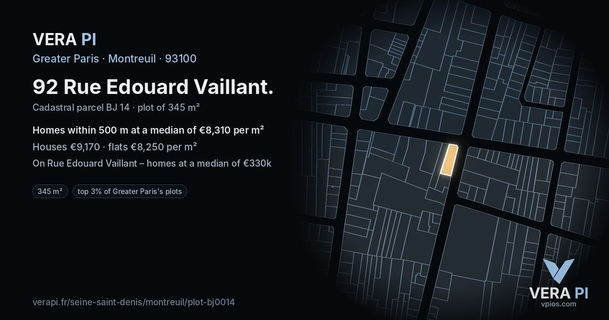 92 Rue Edouard Vaillant, Montreuil at night – the plot lit, the parcels around coloured by the prices near them