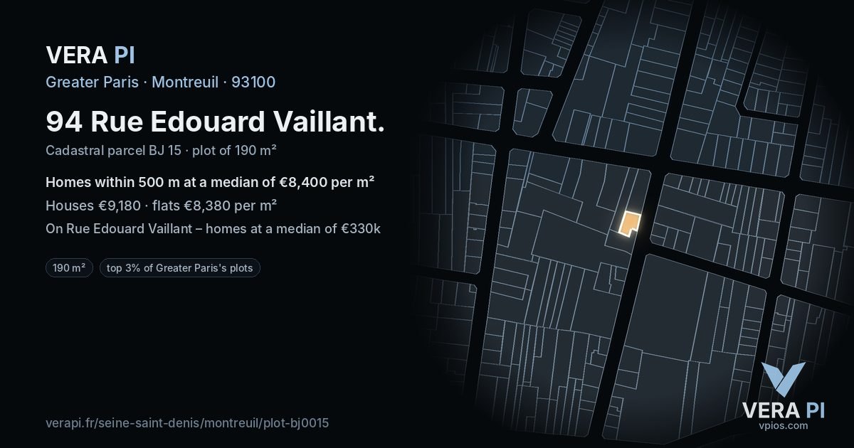94 Rue Edouard Vaillant, Montreuil at night – the plot lit, the parcels around coloured by the prices near them