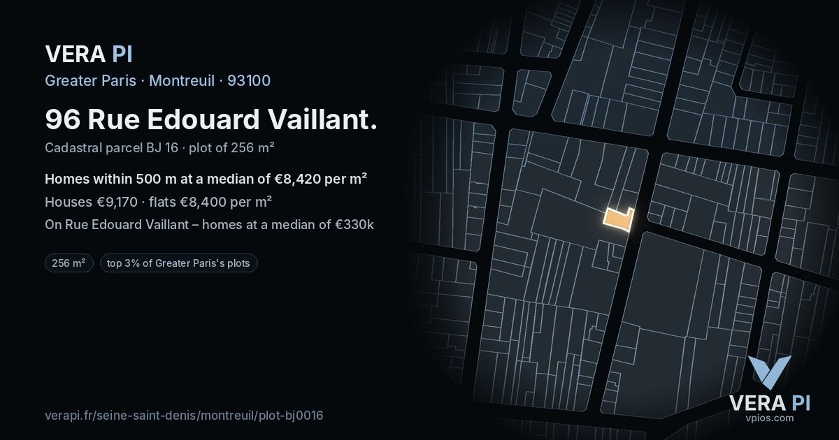 96 Rue Edouard Vaillant, Montreuil at night – the plot lit, the parcels around coloured by the prices near them