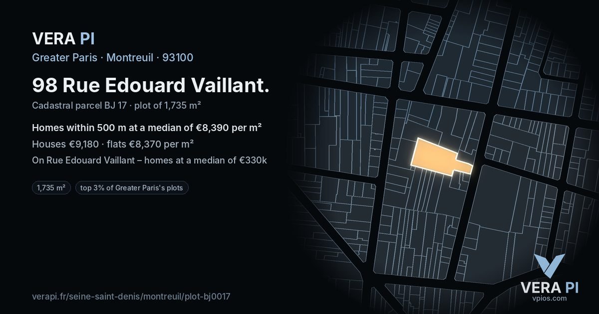 98 Rue Edouard Vaillant, Montreuil at night – the plot lit, the parcels around coloured by the prices near them
