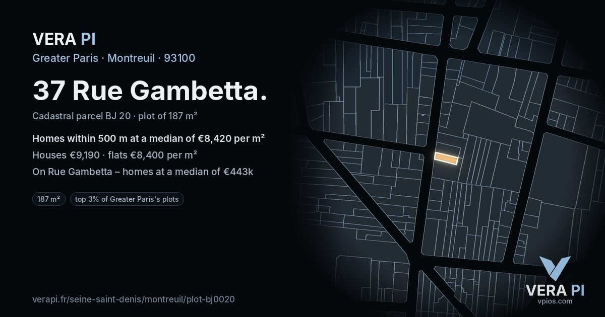 37 Rue Gambetta, Montreuil at night – the plot lit, the parcels around coloured by the prices near them
