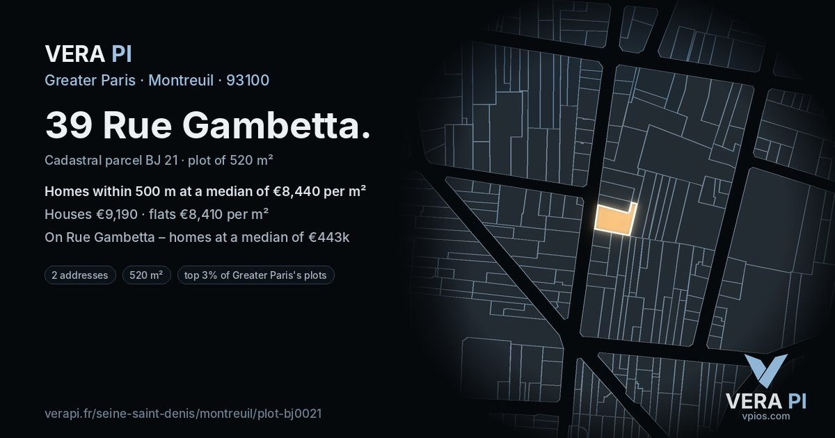 39 Rue Gambetta, Montreuil at night – the plot lit, the parcels around coloured by the prices near them