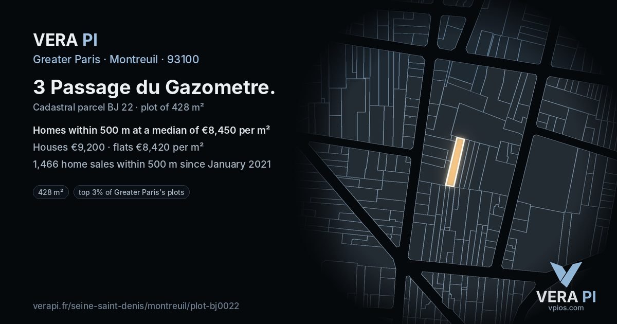 3 Passage du Gazometre, Montreuil at night – the plot lit, the parcels around coloured by the prices near them