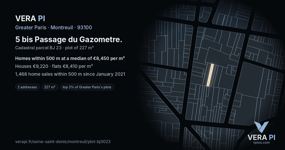5 bis Passage du Gazometre, Montreuil at night – the plot lit, the parcels around coloured by the prices near them