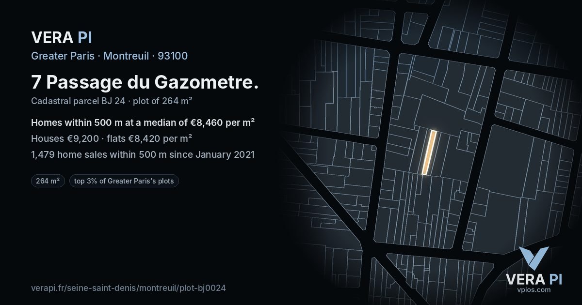 7 Passage du Gazometre, Montreuil at night – the plot lit, the parcels around coloured by the prices near them