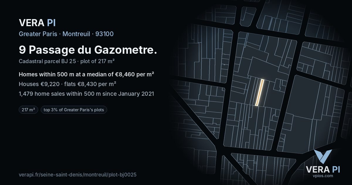 9 Passage du Gazometre, Montreuil at night – the plot lit, the parcels around coloured by the prices near them