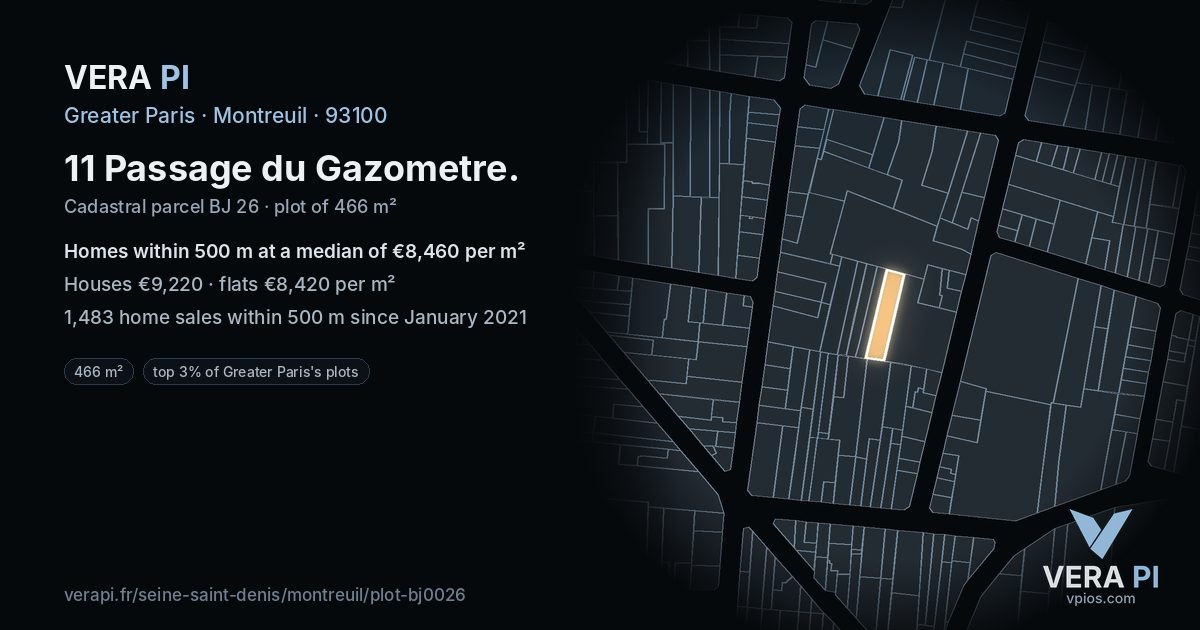 11 Passage du Gazometre, Montreuil at night – the plot lit, the parcels around coloured by the prices near them