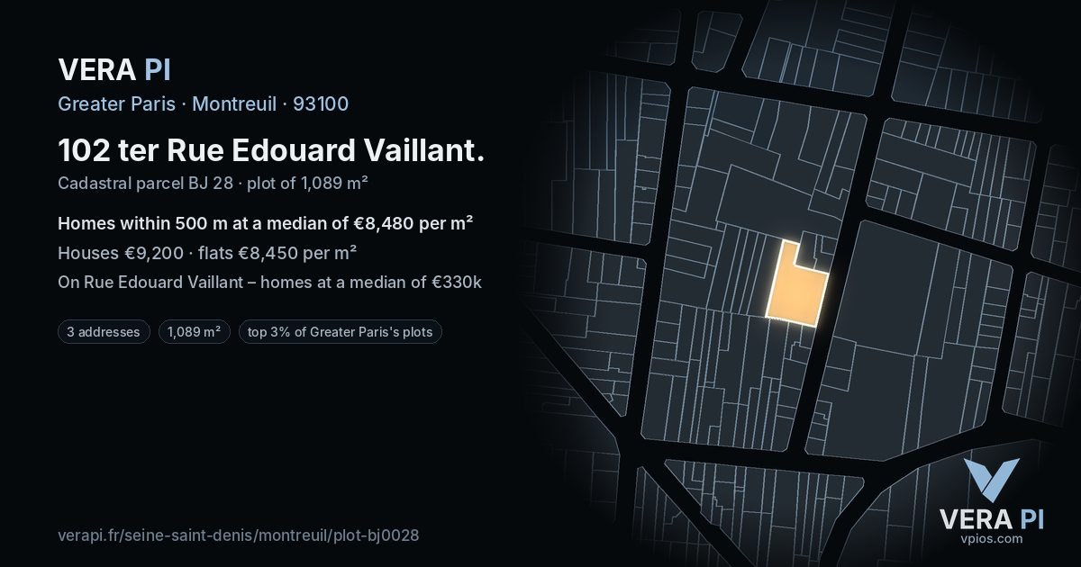 102 ter Rue Edouard Vaillant, Montreuil at night – the plot lit, the parcels around coloured by the prices near them