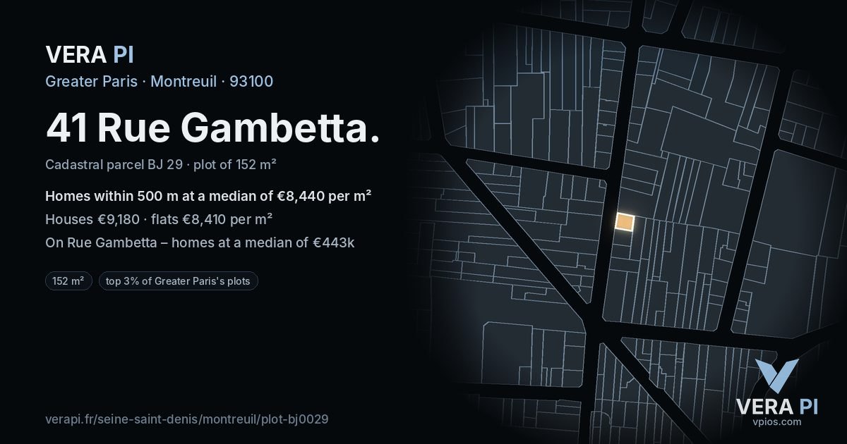 41 Rue Gambetta, Montreuil at night – the plot lit, the parcels around coloured by the prices near them