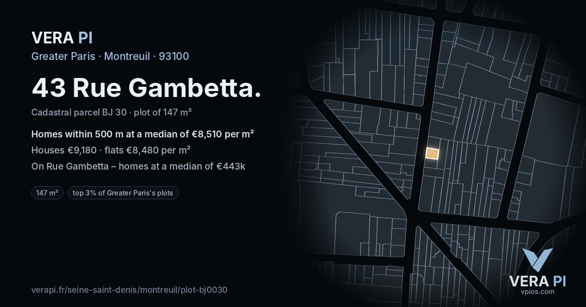 43 Rue Gambetta, Montreuil at night – the plot lit, the parcels around coloured by the prices near them
