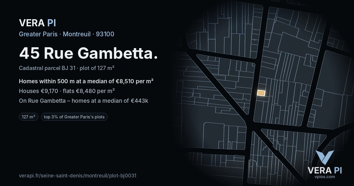 45 Rue Gambetta, Montreuil at night – the plot lit, the parcels around coloured by the prices near them