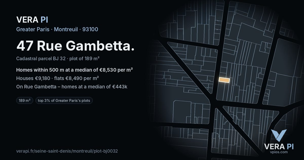 47 Rue Gambetta, Montreuil at night – the plot lit, the parcels around coloured by the prices near them