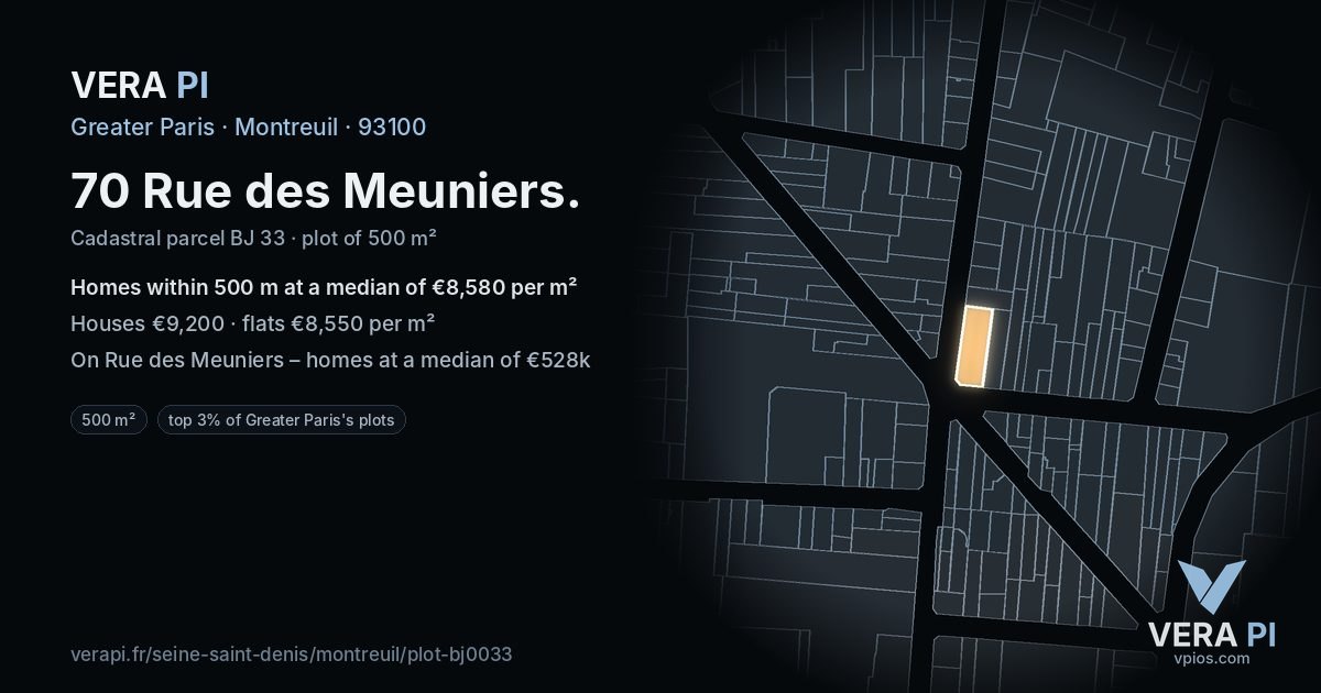 70 Rue des Meuniers, Montreuil at night – the plot lit, the parcels around coloured by the prices near them