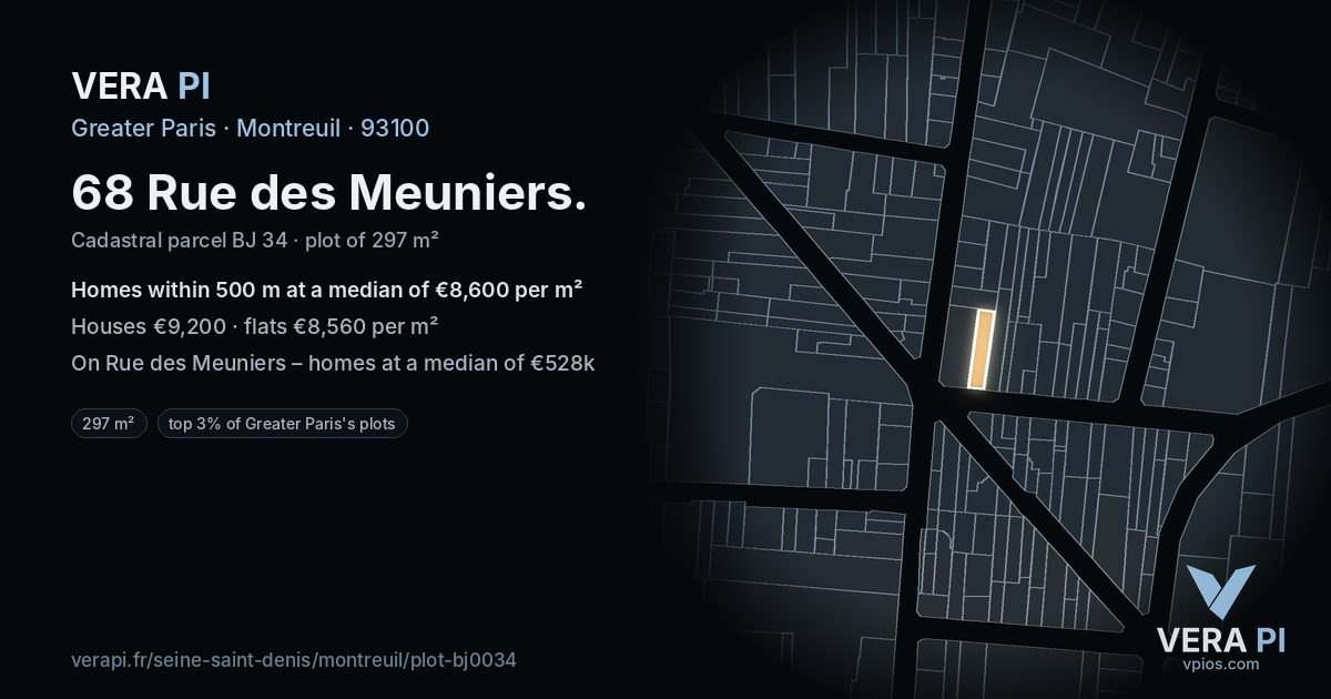 68 Rue des Meuniers, Montreuil at night – the plot lit, the parcels around coloured by the prices near them