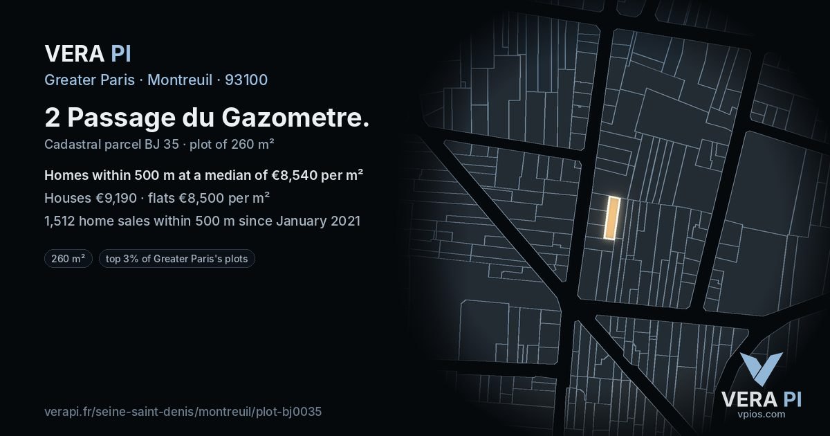 2 Passage du Gazometre, Montreuil at night – the plot lit, the parcels around coloured by the prices near them