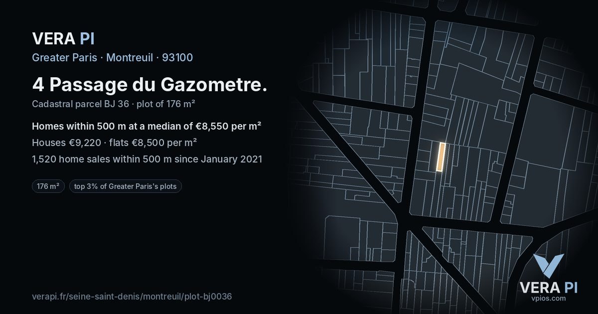 4 Passage du Gazometre, Montreuil at night – the plot lit, the parcels around coloured by the prices near them