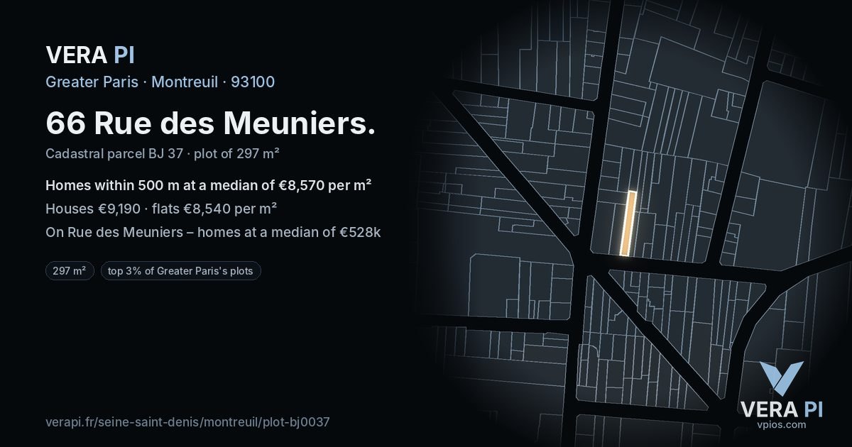 66 Rue des Meuniers, Montreuil at night – the plot lit, the parcels around coloured by the prices near them