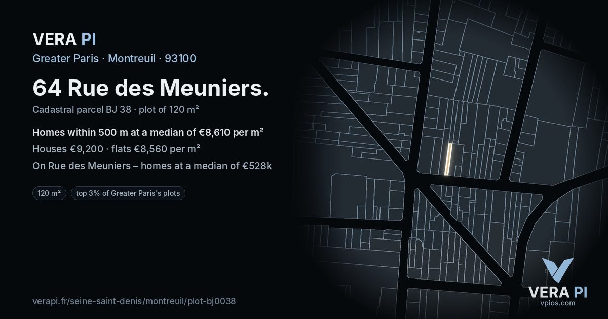 64 Rue des Meuniers, Montreuil at night – the plot lit, the parcels around coloured by the prices near them