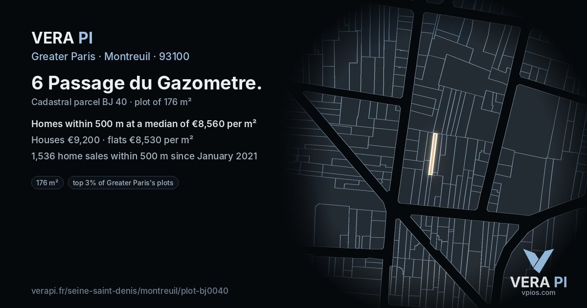6 Passage du Gazometre, Montreuil at night – the plot lit, the parcels around coloured by the prices near them