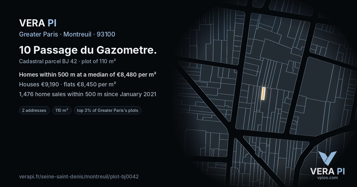 10 Passage du Gazometre, Montreuil at night – the plot lit, the parcels around coloured by the prices near them