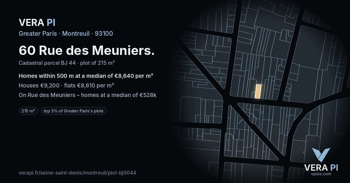 60 Rue des Meuniers, Montreuil at night – the plot lit, the parcels around coloured by the prices near them