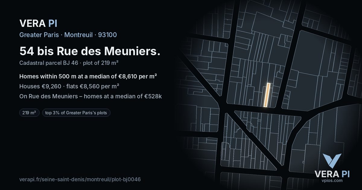 54 bis Rue des Meuniers, Montreuil at night – the plot lit, the parcels around coloured by the prices near them