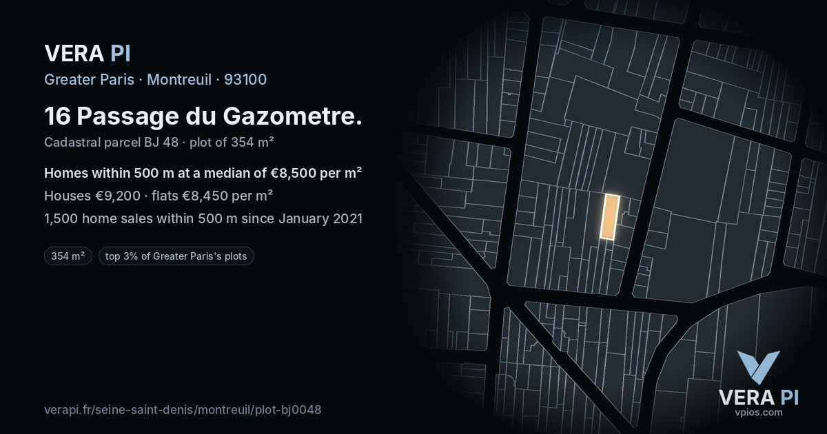 16 Passage du Gazometre, Montreuil at night – the plot lit, the parcels around coloured by the prices near them
