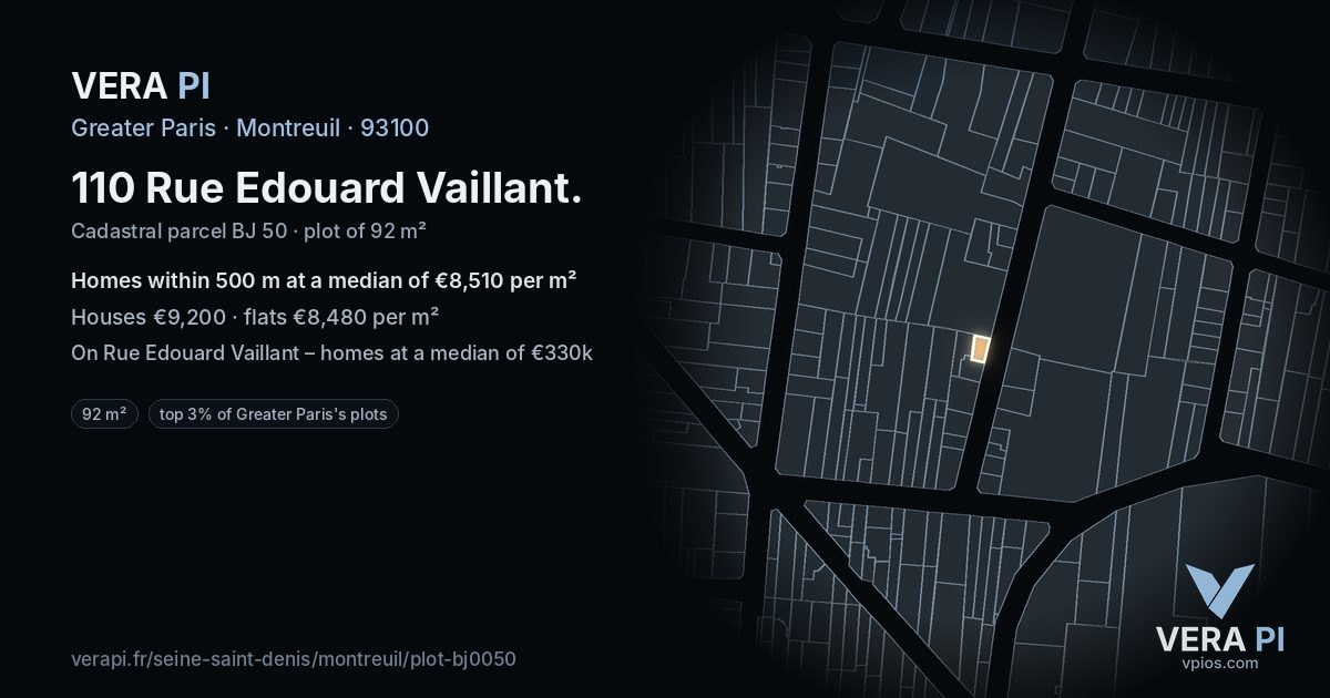 110 Rue Edouard Vaillant, Montreuil at night – the plot lit, the parcels around coloured by the prices near them