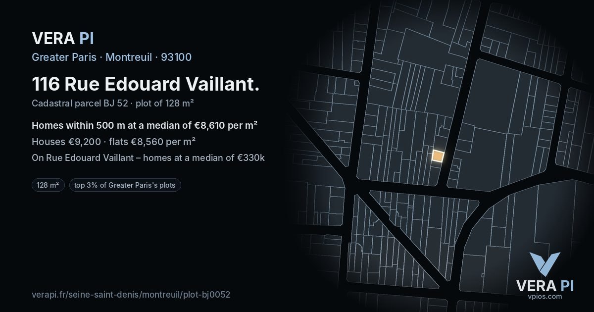 116 Rue Edouard Vaillant, Montreuil at night – the plot lit, the parcels around coloured by the prices near them