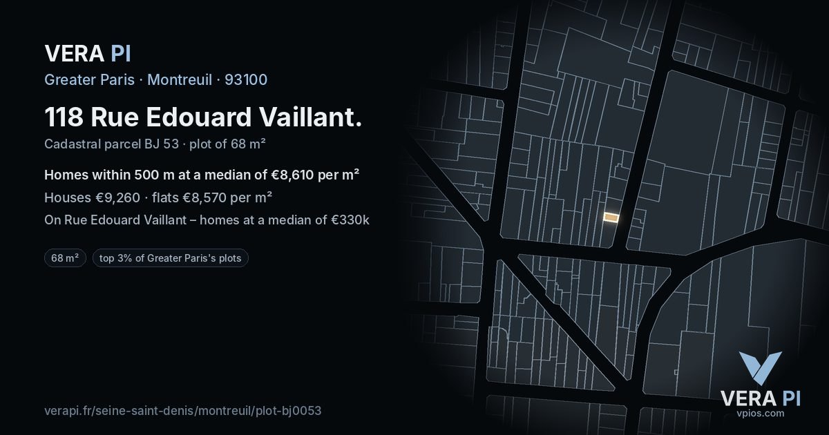 118 Rue Edouard Vaillant, Montreuil at night – the plot lit, the parcels around coloured by the prices near them