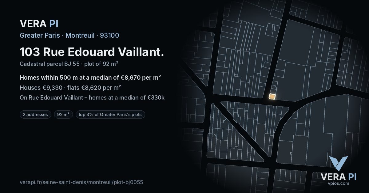 103 Rue Edouard Vaillant, Montreuil at night – the plot lit, the parcels around coloured by the prices near them